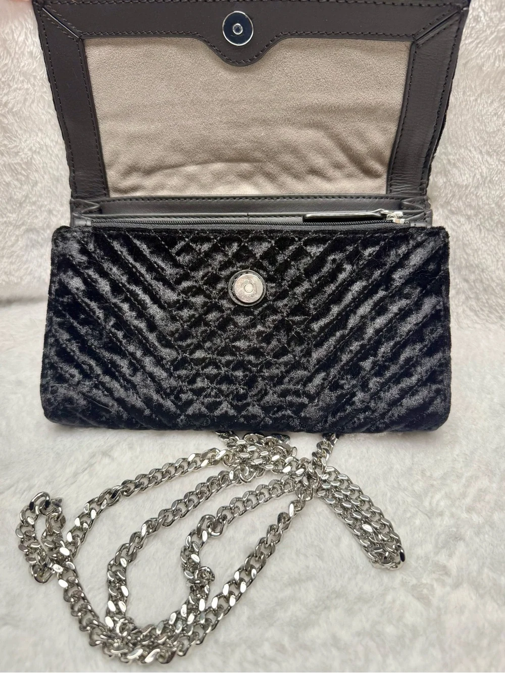 Vince Camuto small black velvet quilted shoulder bag with silver chain